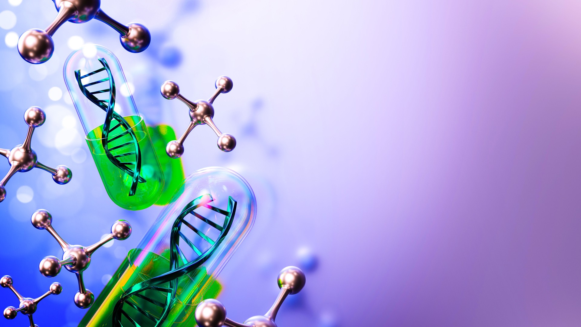 3D DNA strands, molecular structures, green liquid in test tubes, metallic spheres, blue and purple gradient background, futuristic biotechnology, scientific visualization, glossy surfaces, high detail,depth of field. 3D render.